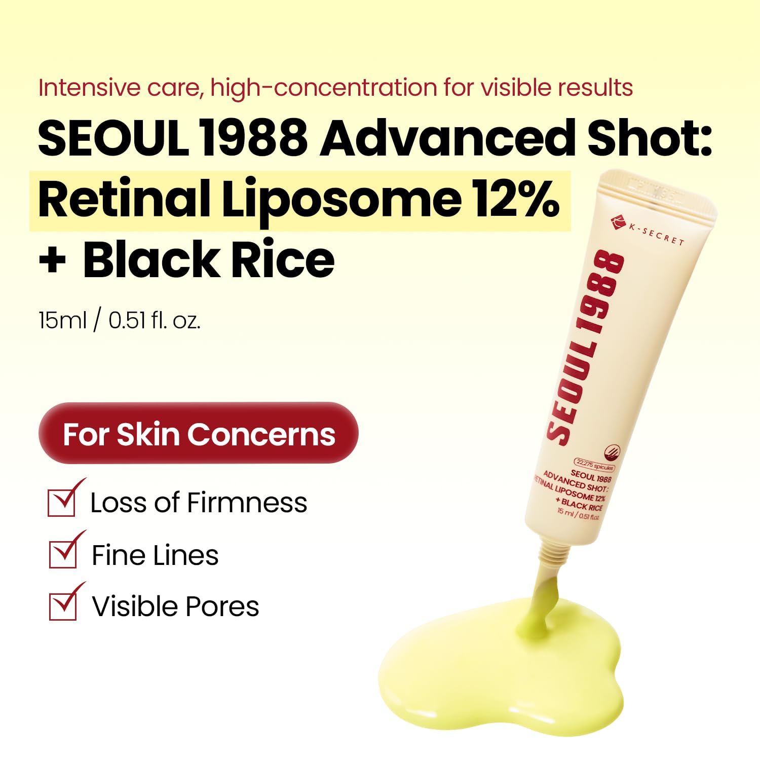 K-SECRET Advanced Shot Retinal Liposome 12% + Black Rice — how to use: apply at night, start gradually