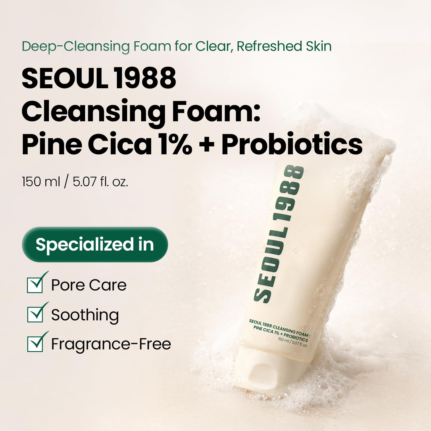 K-SECRET Seoul 1988 Cleansing Foam Pine Cica 1% + Probiotics — gently cleanses away impurities and excess oil