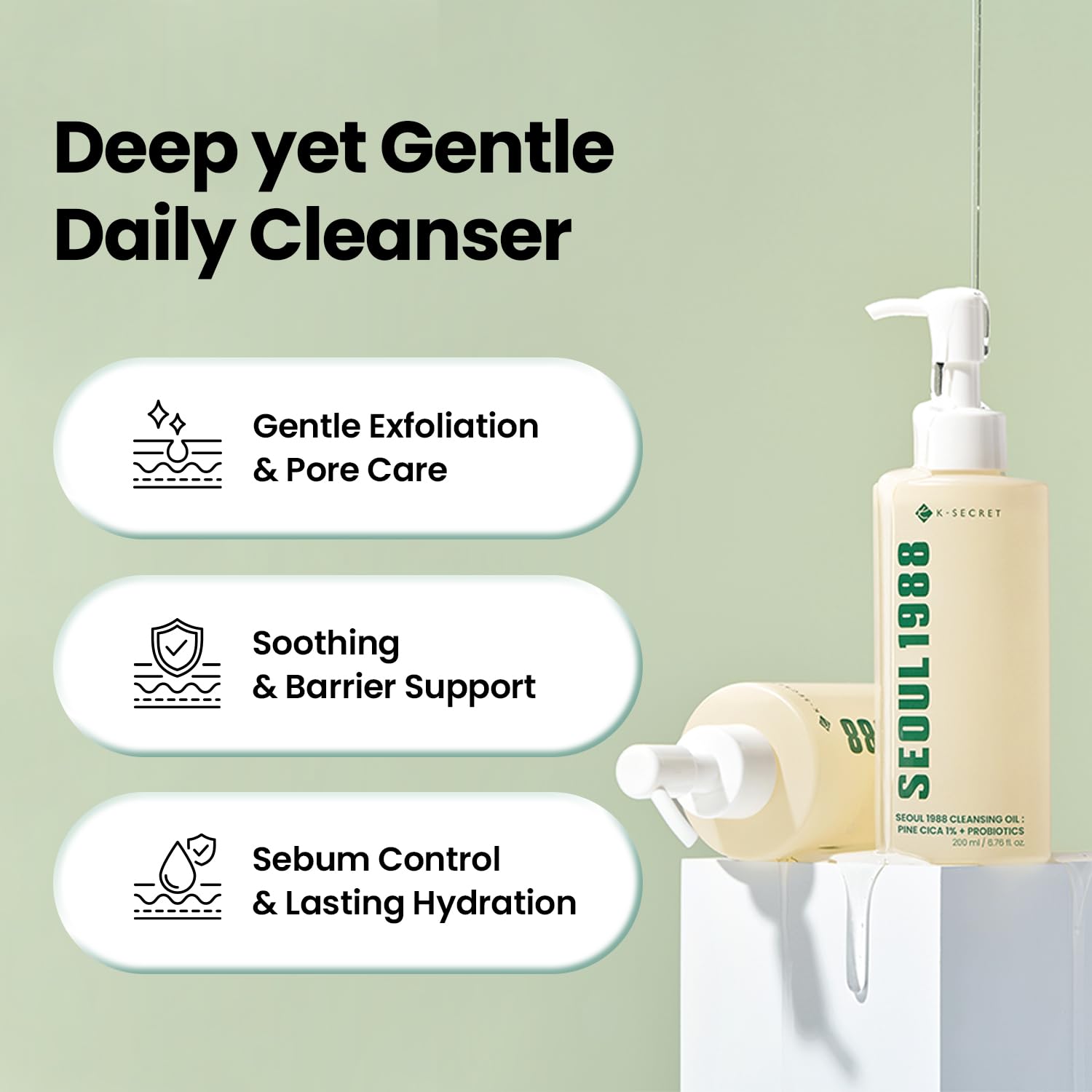 K-SECRET Seoul 1988 Cleansing Oil Pine Cica 1% + Probiotics — rinses clean without a greasy residue