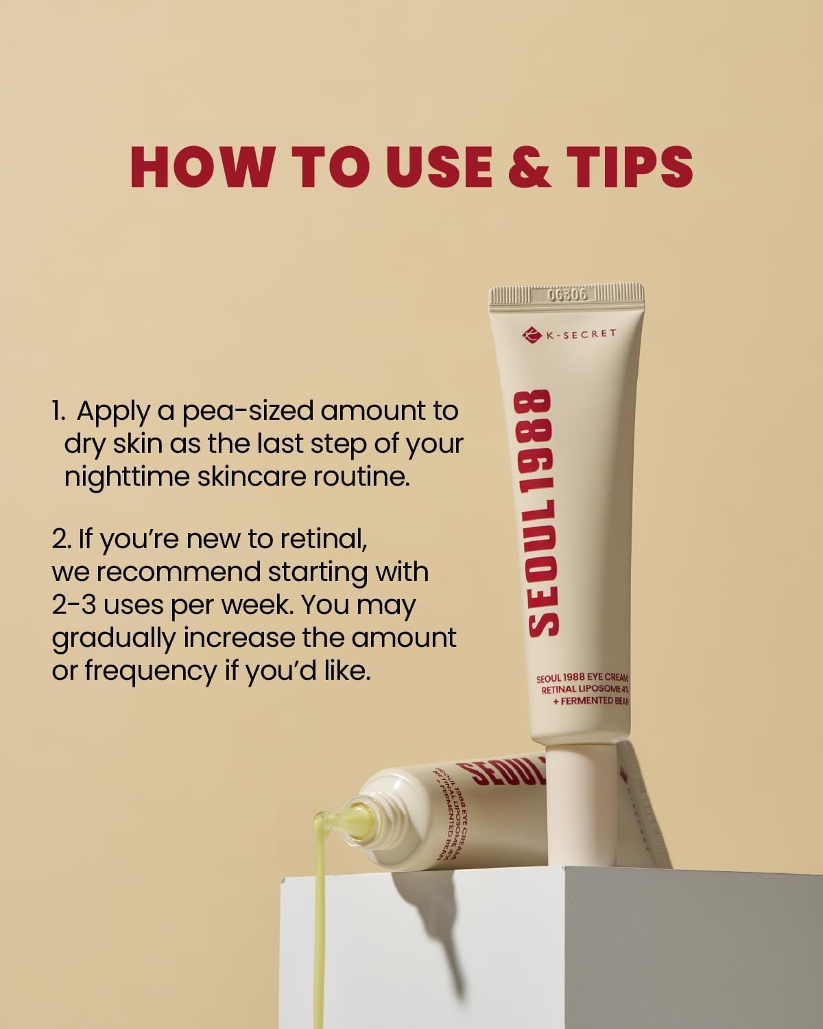 K-SECRET Seoul 1988 Eye Cream Retinal Liposome 4% + Fermented Bean — how to use: gently pat around the eyes in the evening