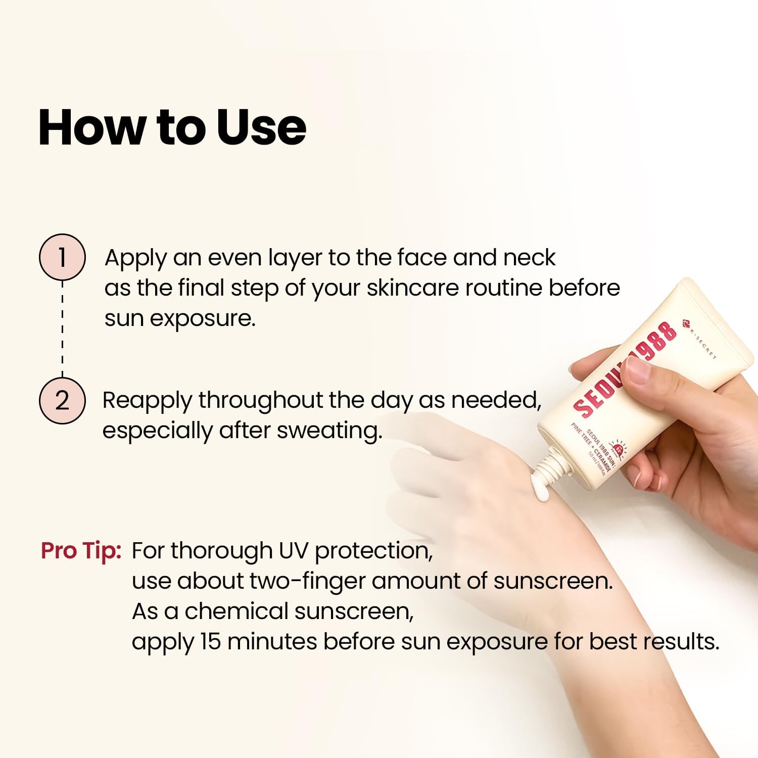 K-SECRET Seoul 1988 Sun Pine Tree + Ceramide — how to use: apply as the last step of morning skincare