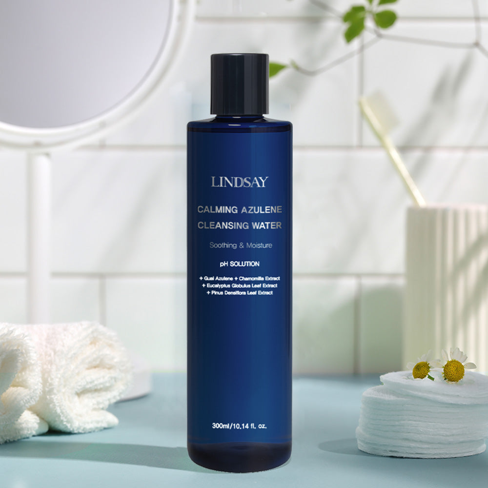 LINDSAY PH Solution Calming Azulene Cleansing Water — how to use: soak a cotton pad and wipe across the face