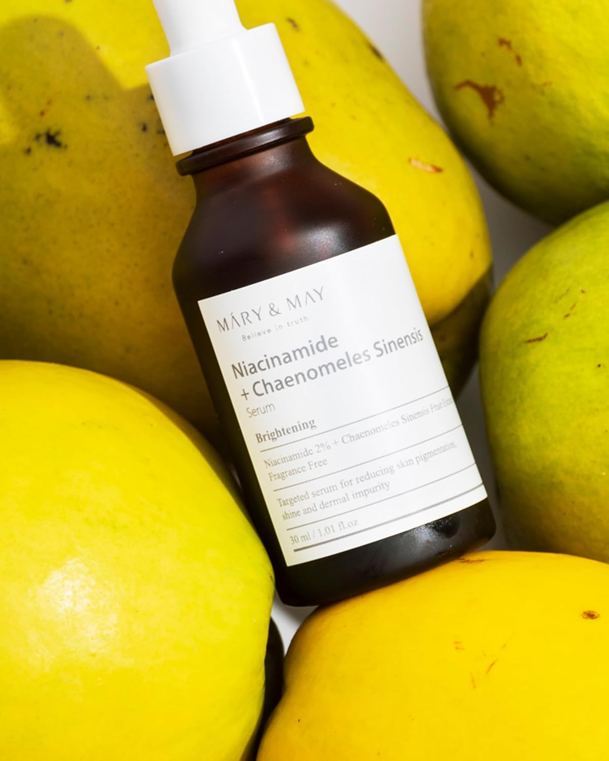 Mary&May Niacinamide + Chaenomeles Sinensis Serum — how to use: apply a few drops after toner