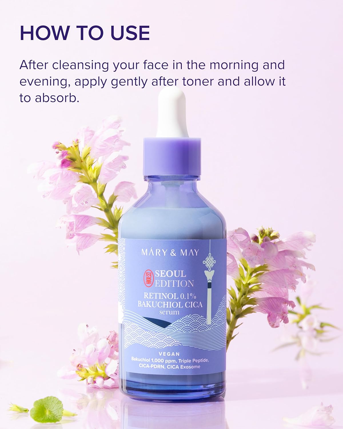 Mary&May Retinol 0.1% Bakuchiol CICA Serum — how to use: apply a few drops in the evening