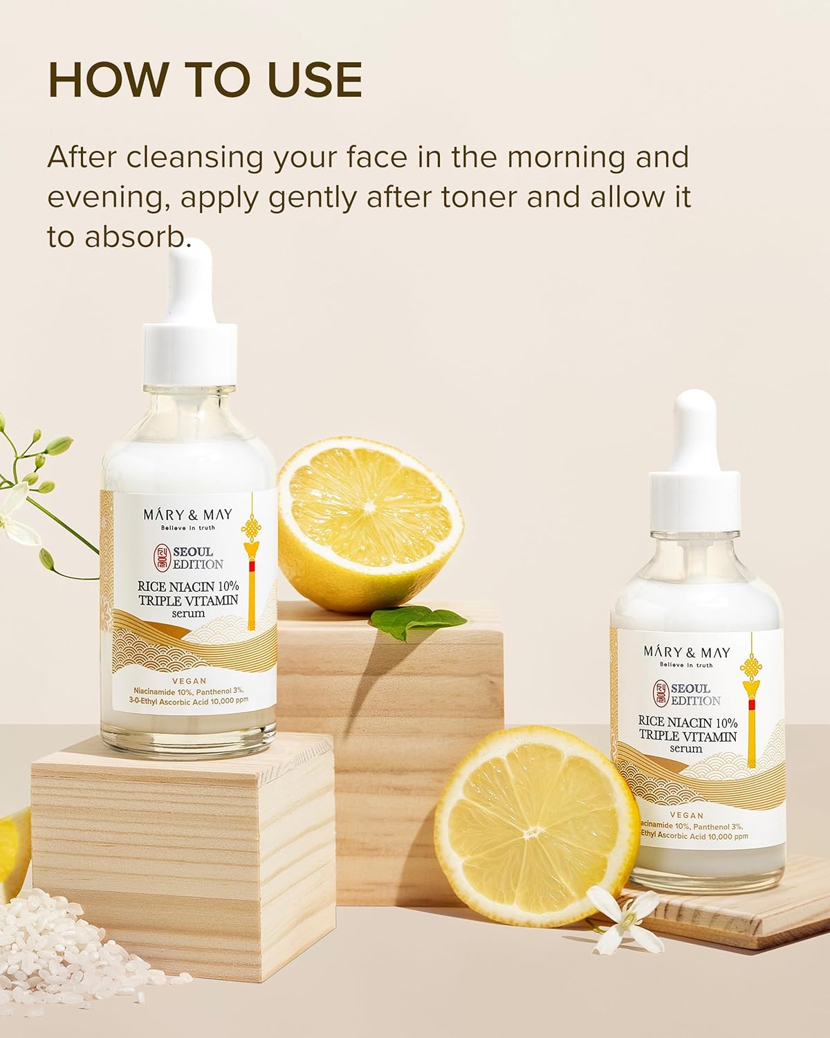Mary&May Rice Niacin 10% Triple Vitamin Serum — how to use: apply a few drops after toner
