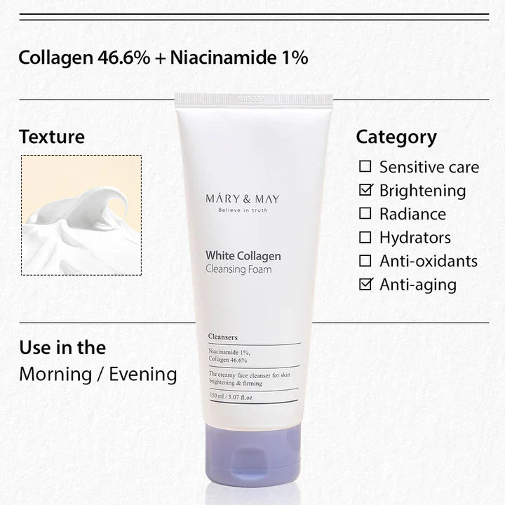 Mary&May White Collagen Cleansing Foam — collagen helps brighten and nourish skin