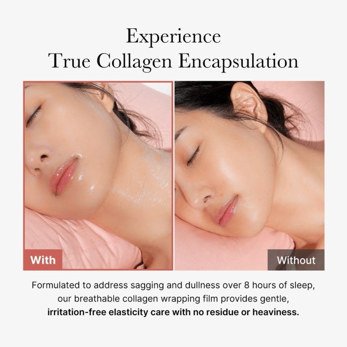 Peel-off collagen sleeping mask that wraps skin in moisture for 8-hour elasticity care