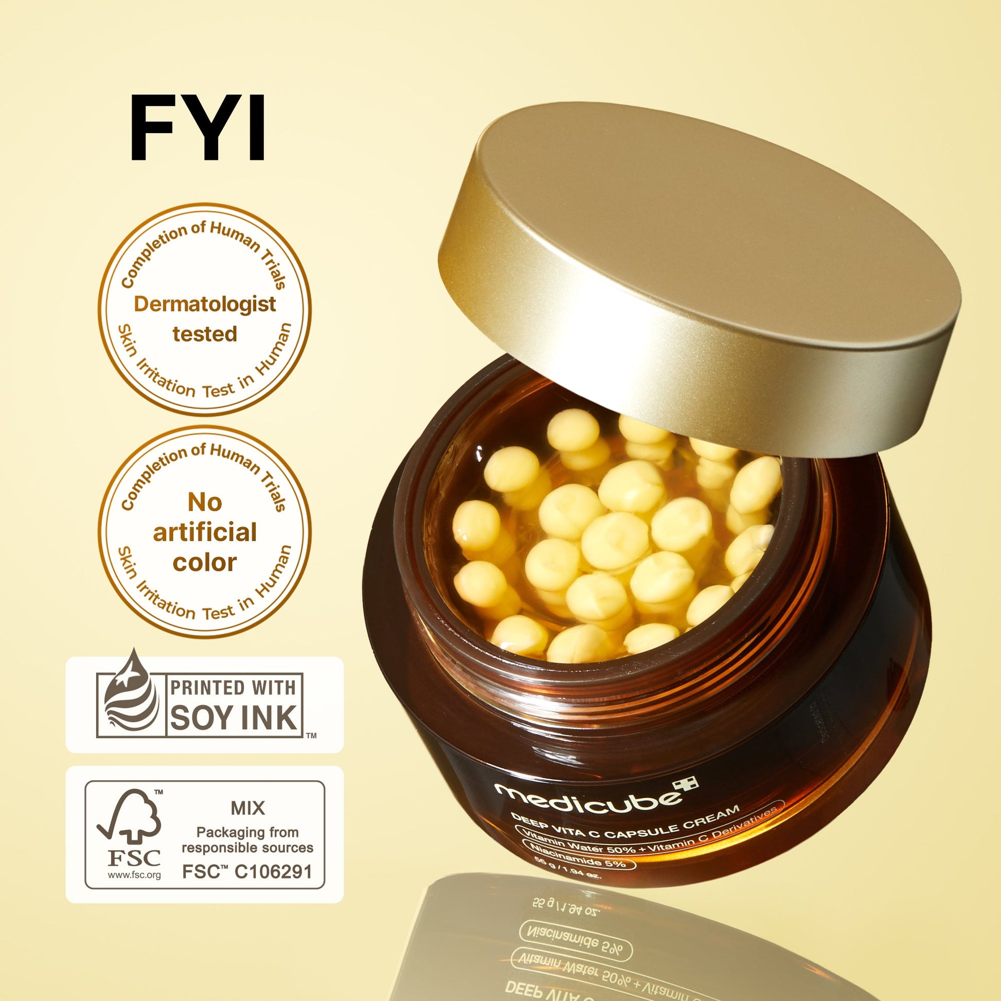 Golden vitamin C capsules suspended in a clear gel for customizable brightening care