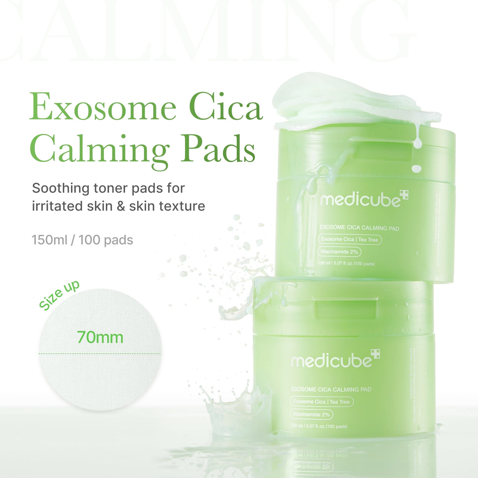 Calming toner pads with exosome cica, tea tree leaf water and niacinamide