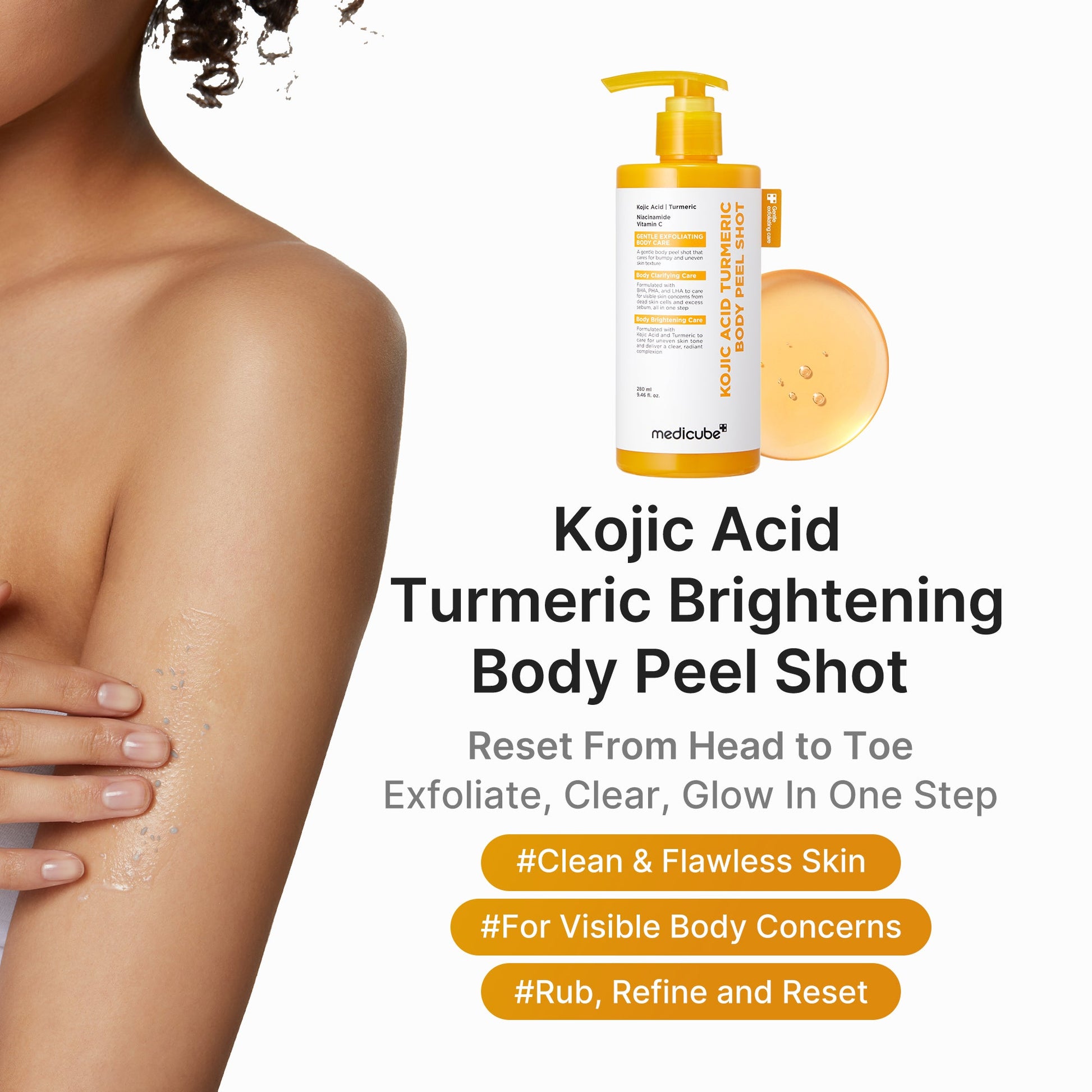 Body peel serum with kojic acid, turmeric, BHA, LHA and PHA