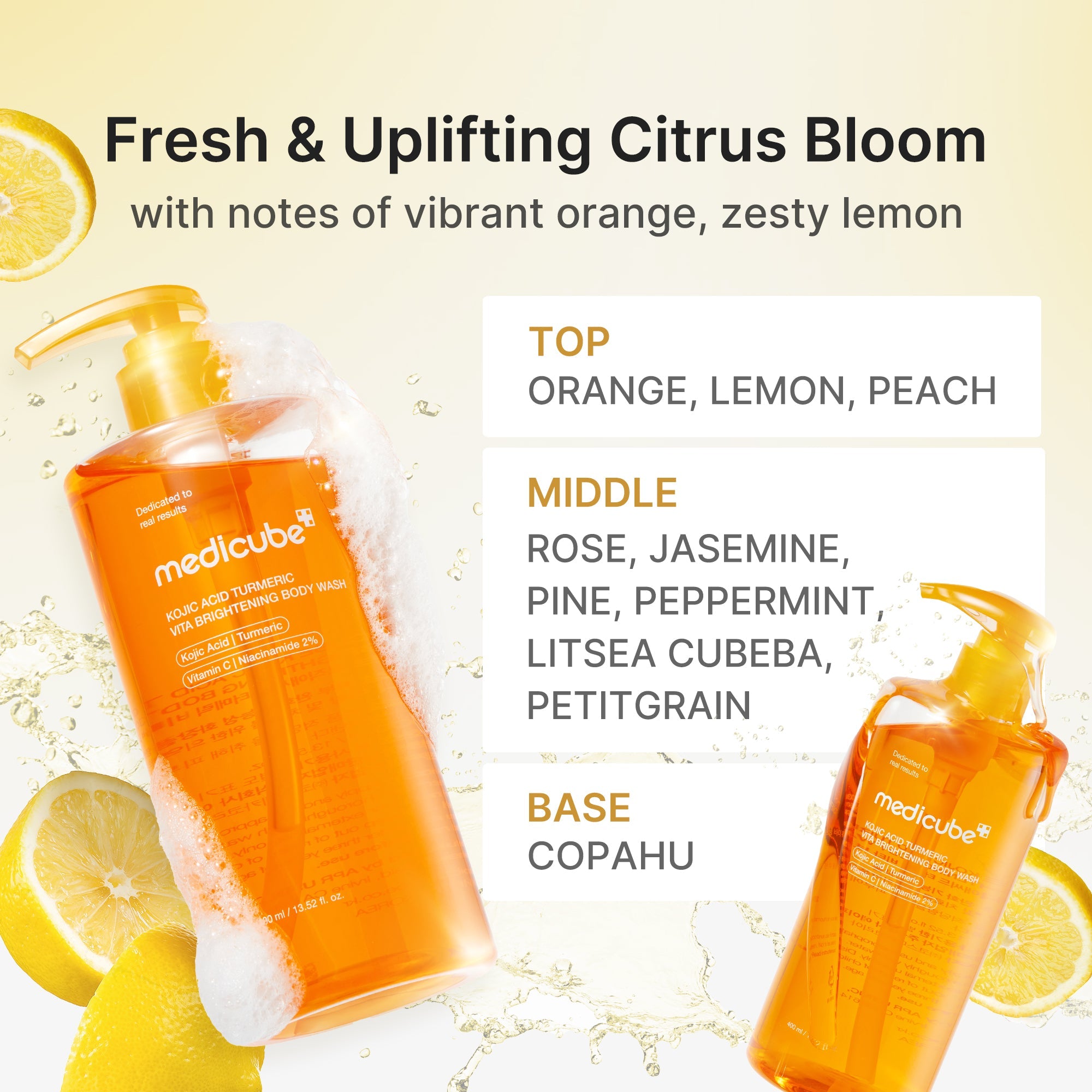 Micro-gel-to-bubble lather with a juicy orange and lemon scent