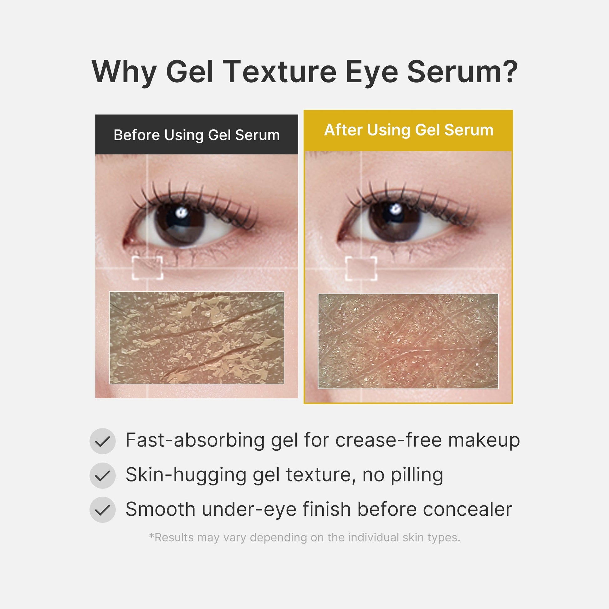 Lightweight, non-sticky gel that hugs every corner of the eye area