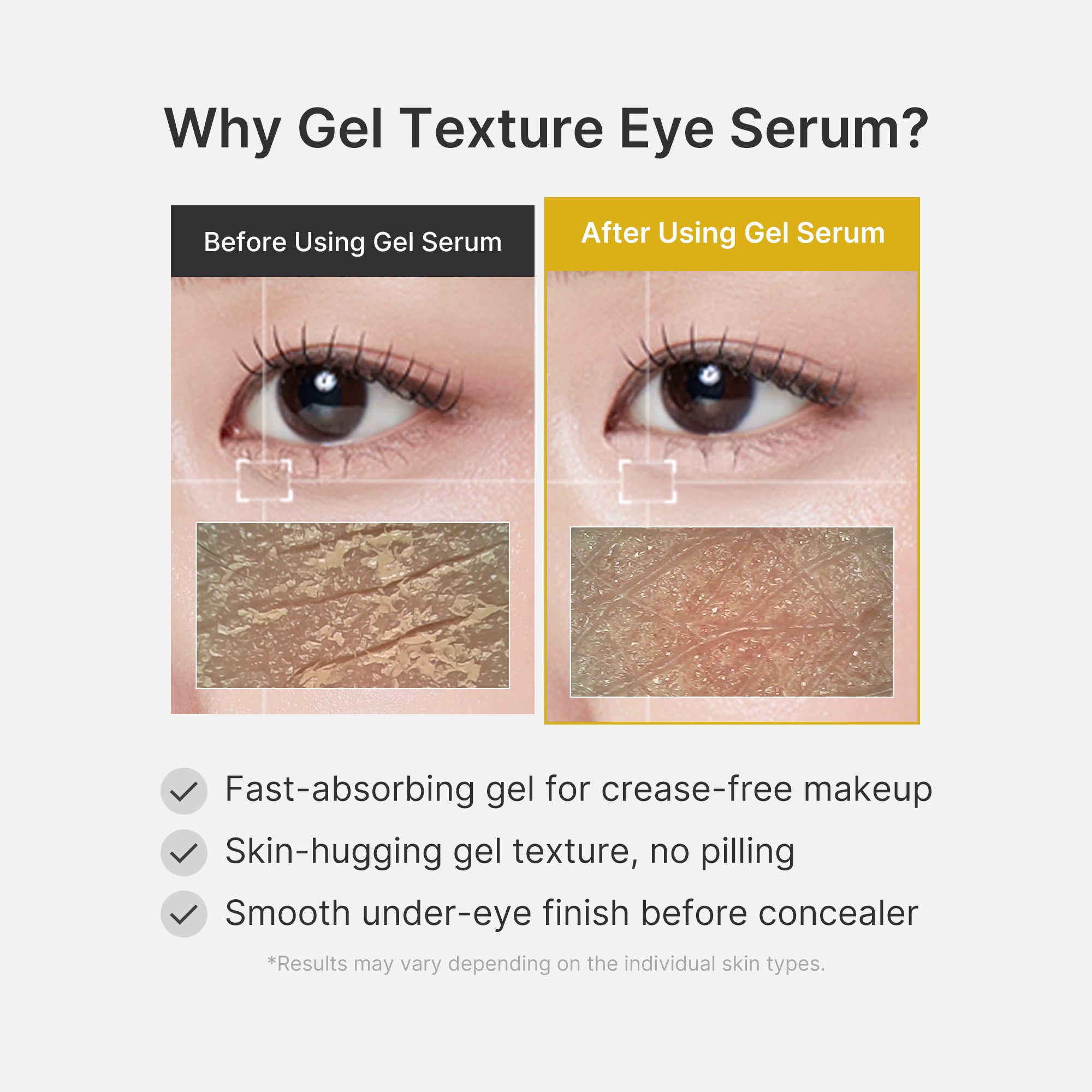Lightweight, non-sticky gel that hugs every corner of the eye area
