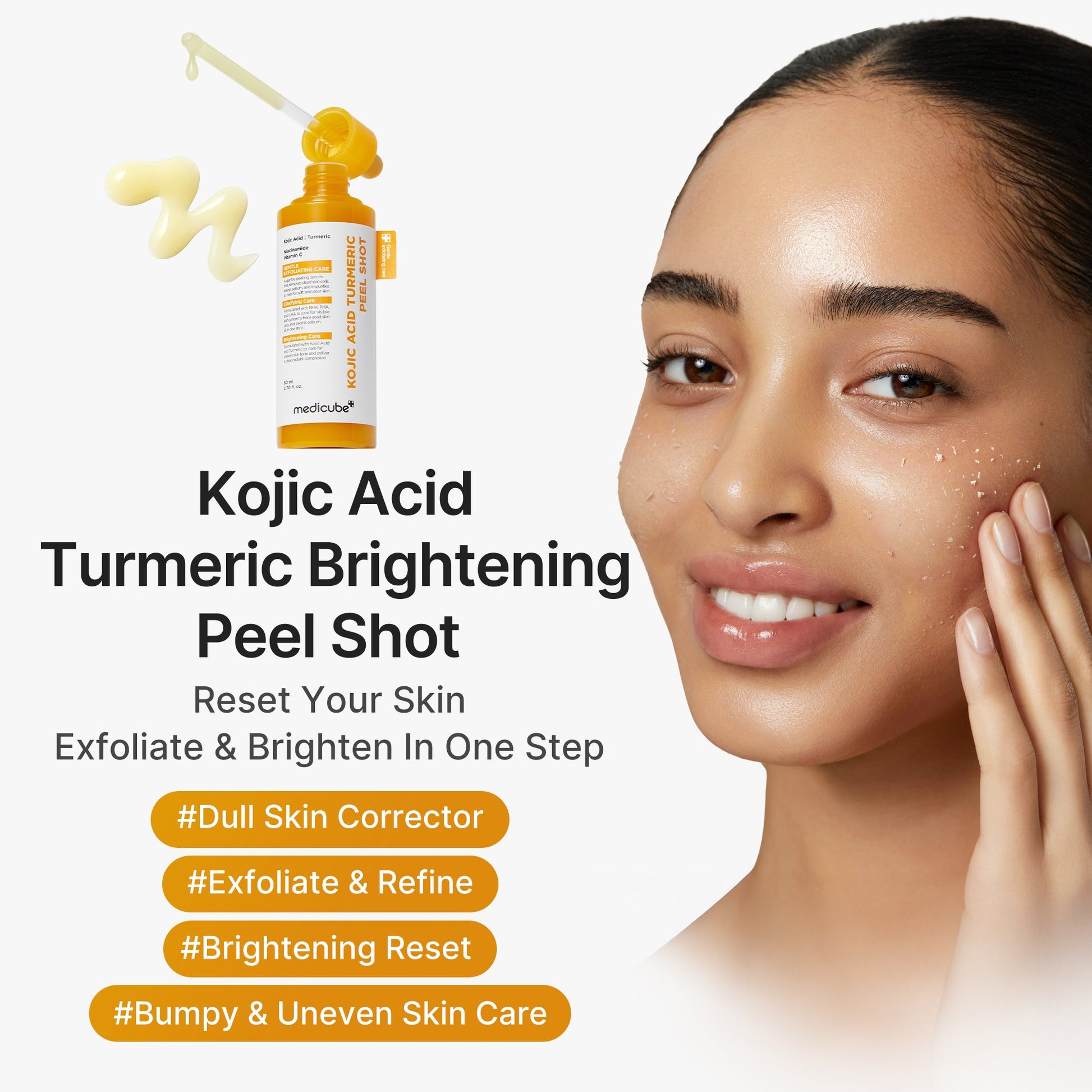 Exfoliating peel serum with kojic acid, turmeric, BHA, LHA and PHA
