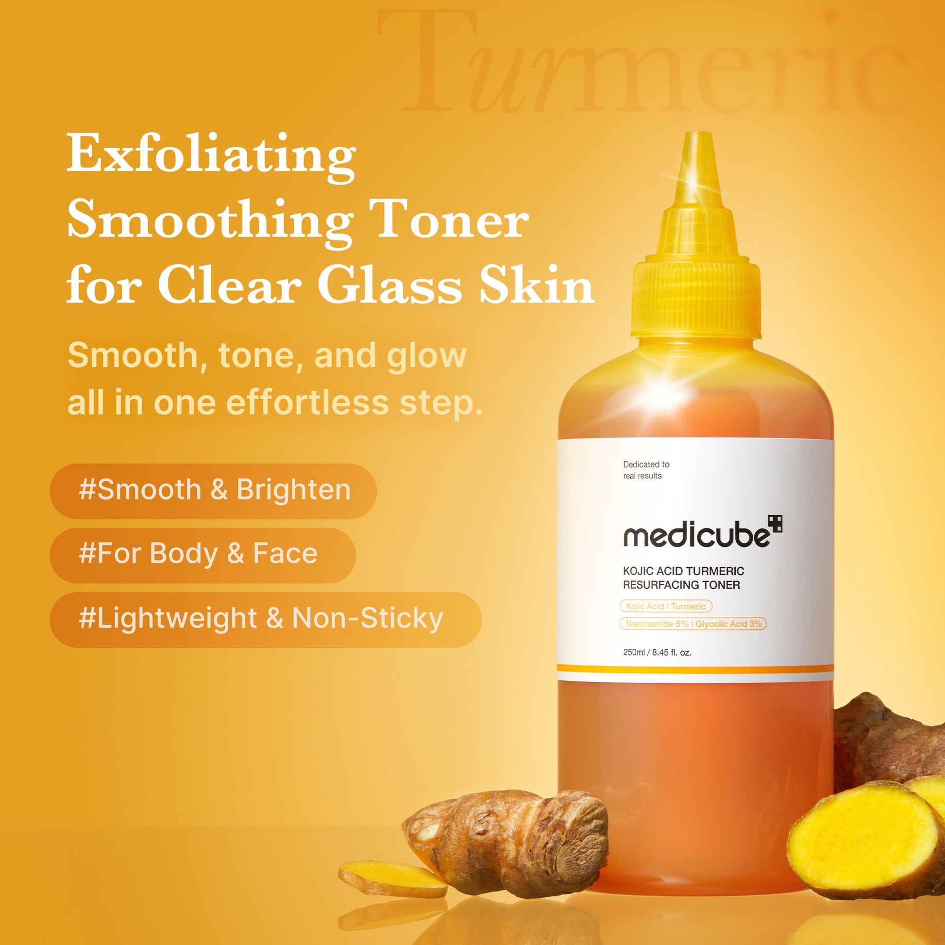 Lightweight non-sticky toner with kojic acid, turmeric and glycolic acid