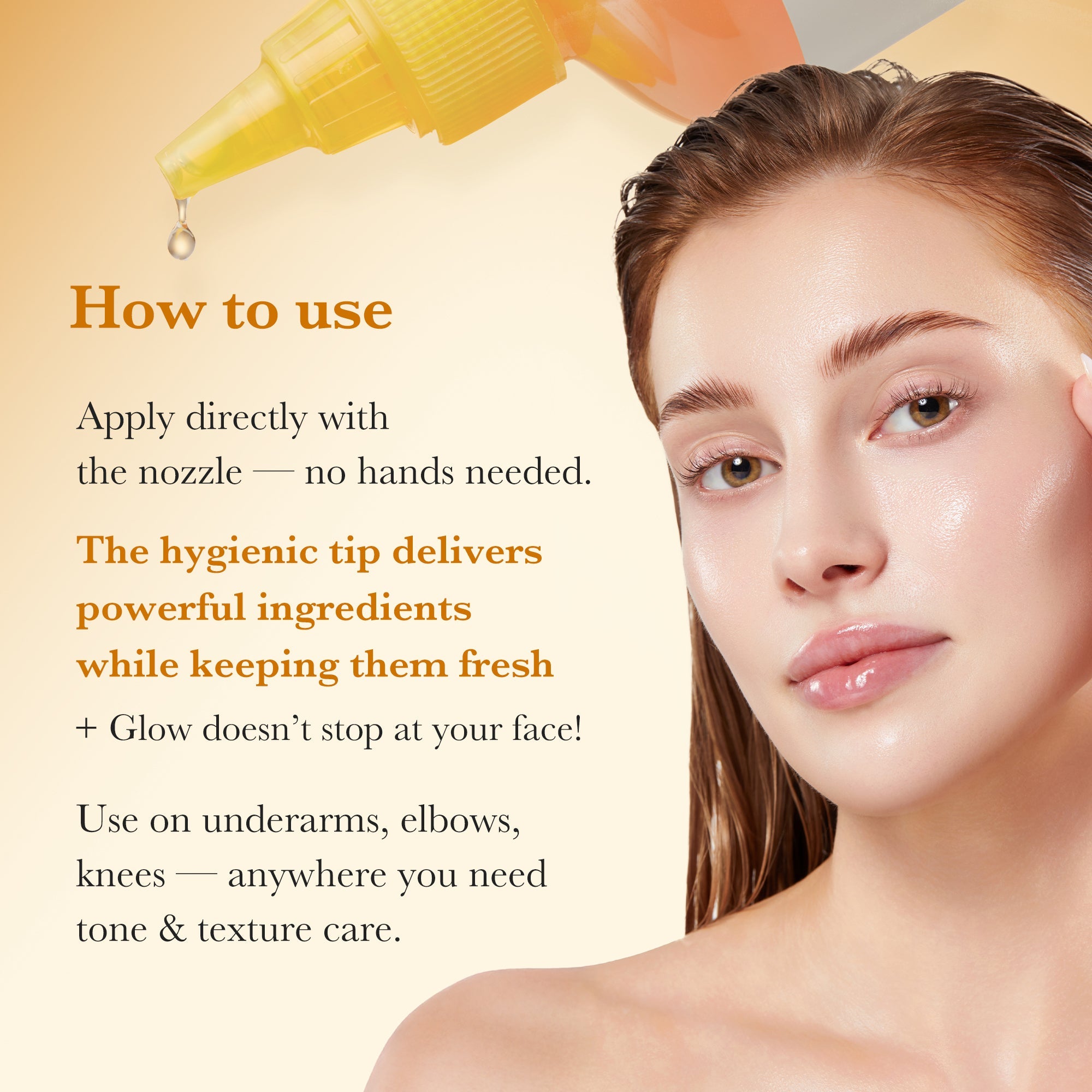 Hygienic nozzle tip applies directly to underarms, elbows and knees