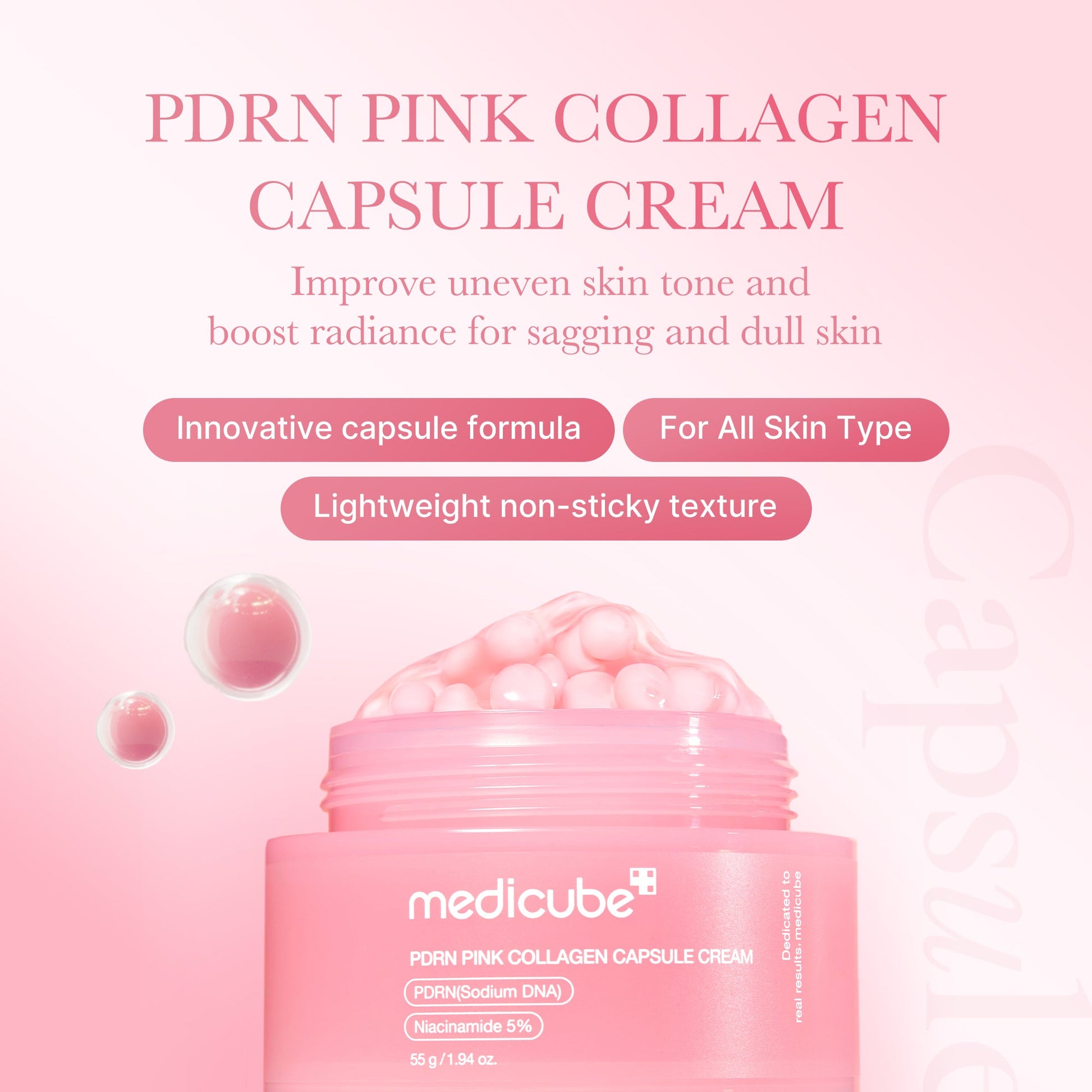 Dual-texture cream blending pink PDRN capsules with a clear gel for a customizable glass glow