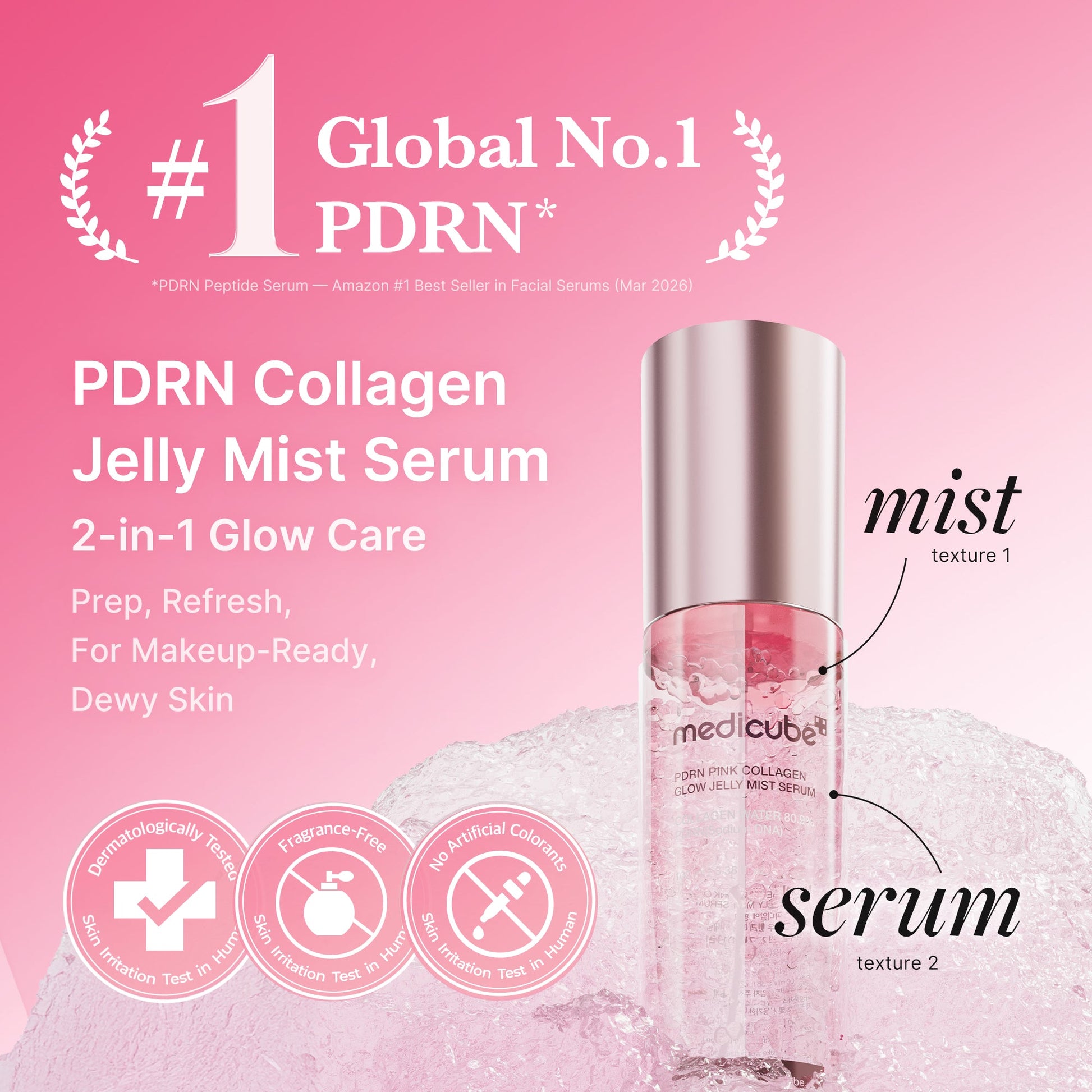 Dual-texture jelly mist enriched with 99% purity salmon PDRN and collagen for a dewy glow