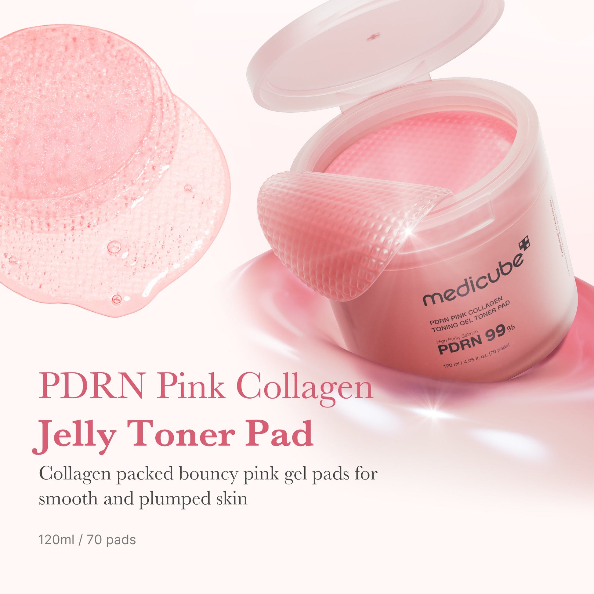 Bouncy collagen gel toner pads infused with 99% high-purity salmon PDRN for radiance