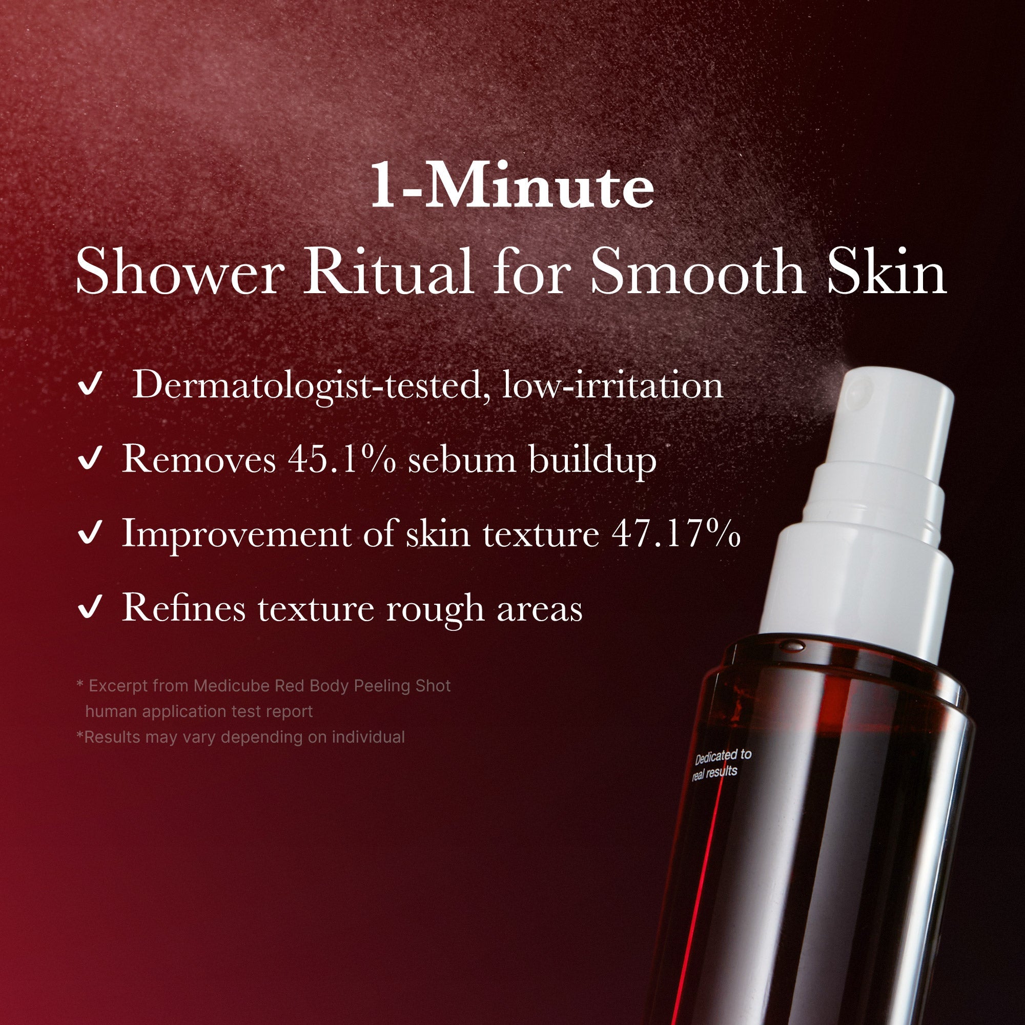 Spray on dry skin, wait one minute, then rinse off before showering