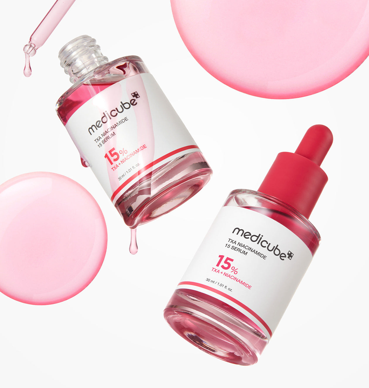 Medicube TXA Niacinamide 15% Serum showing its lightweight brightening texture and clinical results