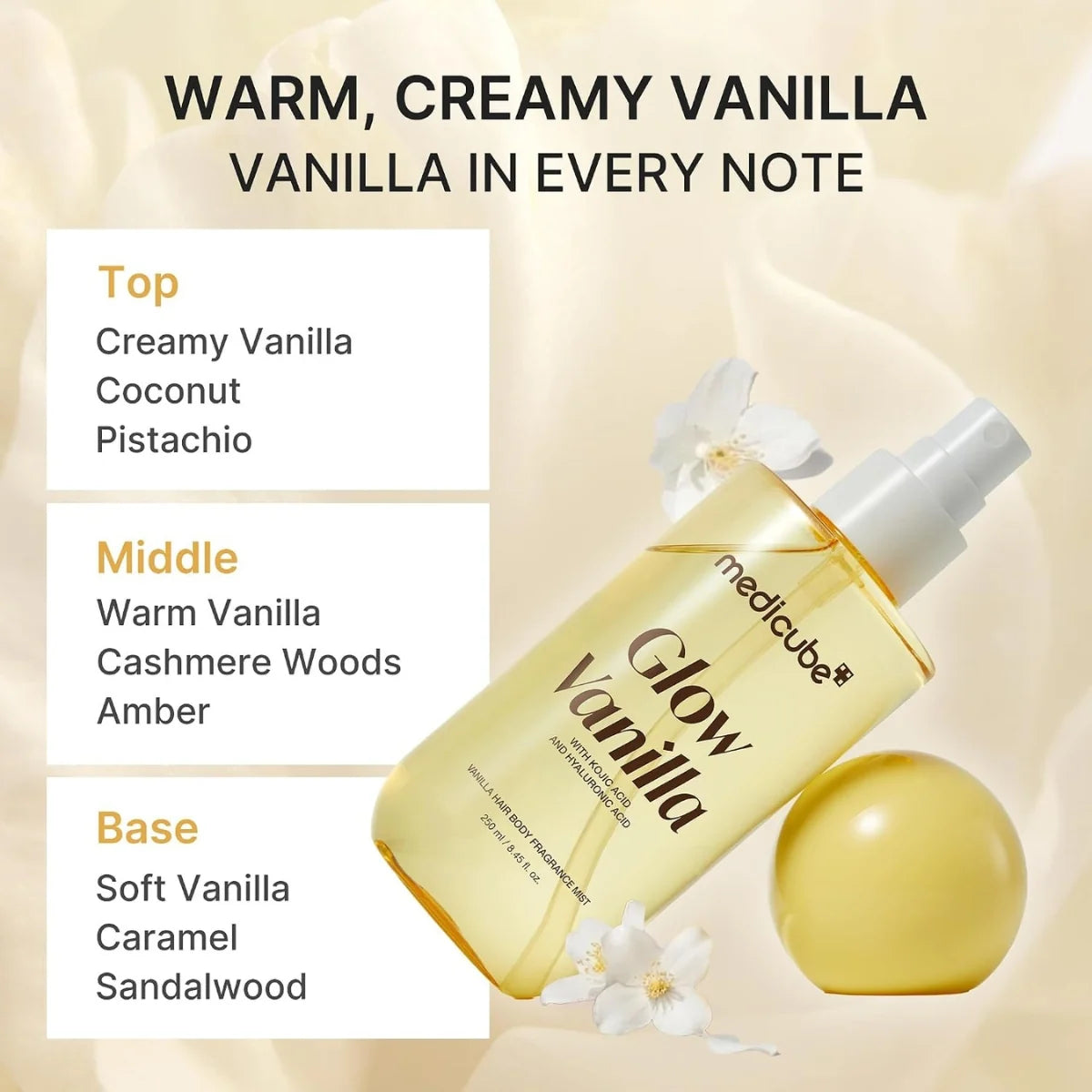 Layered creamy vanilla scent with coconut, pistachio, and cashmere woods for warm gourmand fragrance