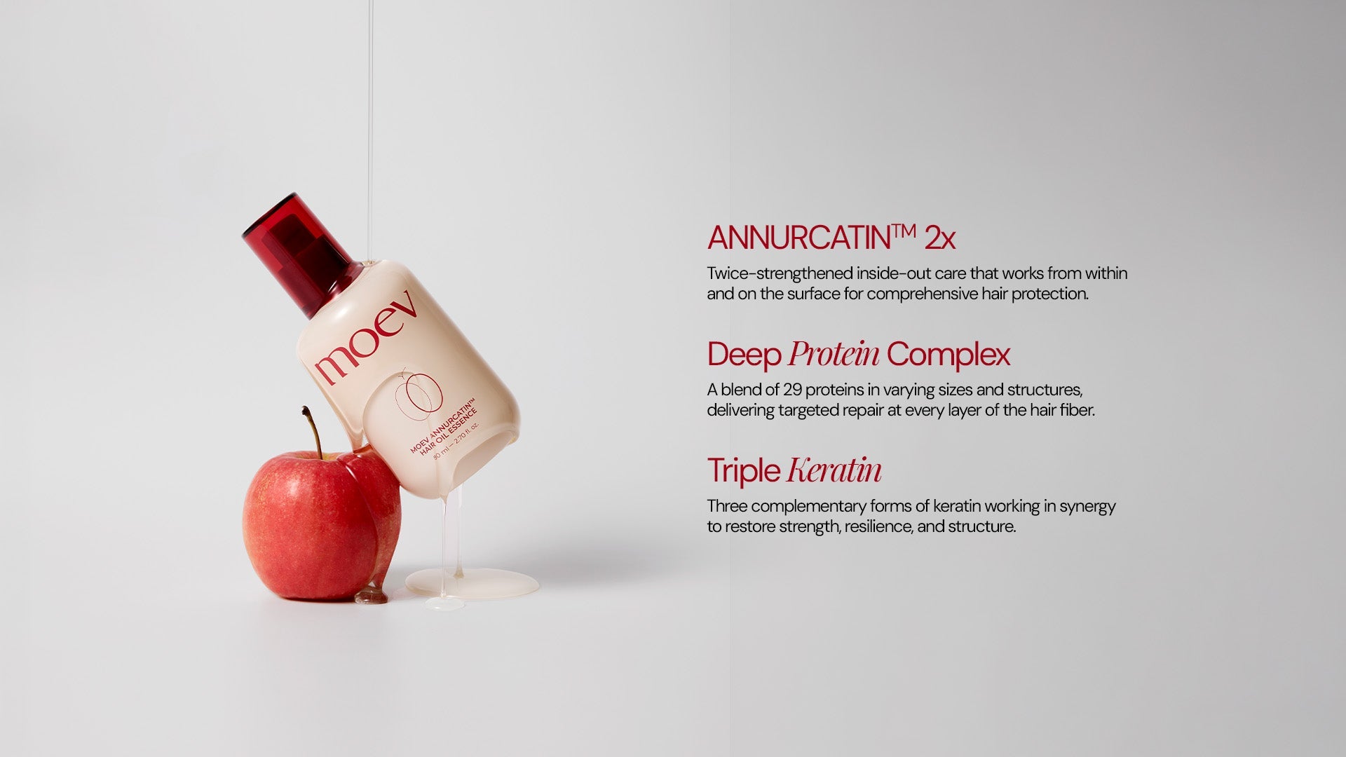Moev Annurcatin Hair Oil Essence key ingredients: Annurca apple, proteins, keratin and botanical oils