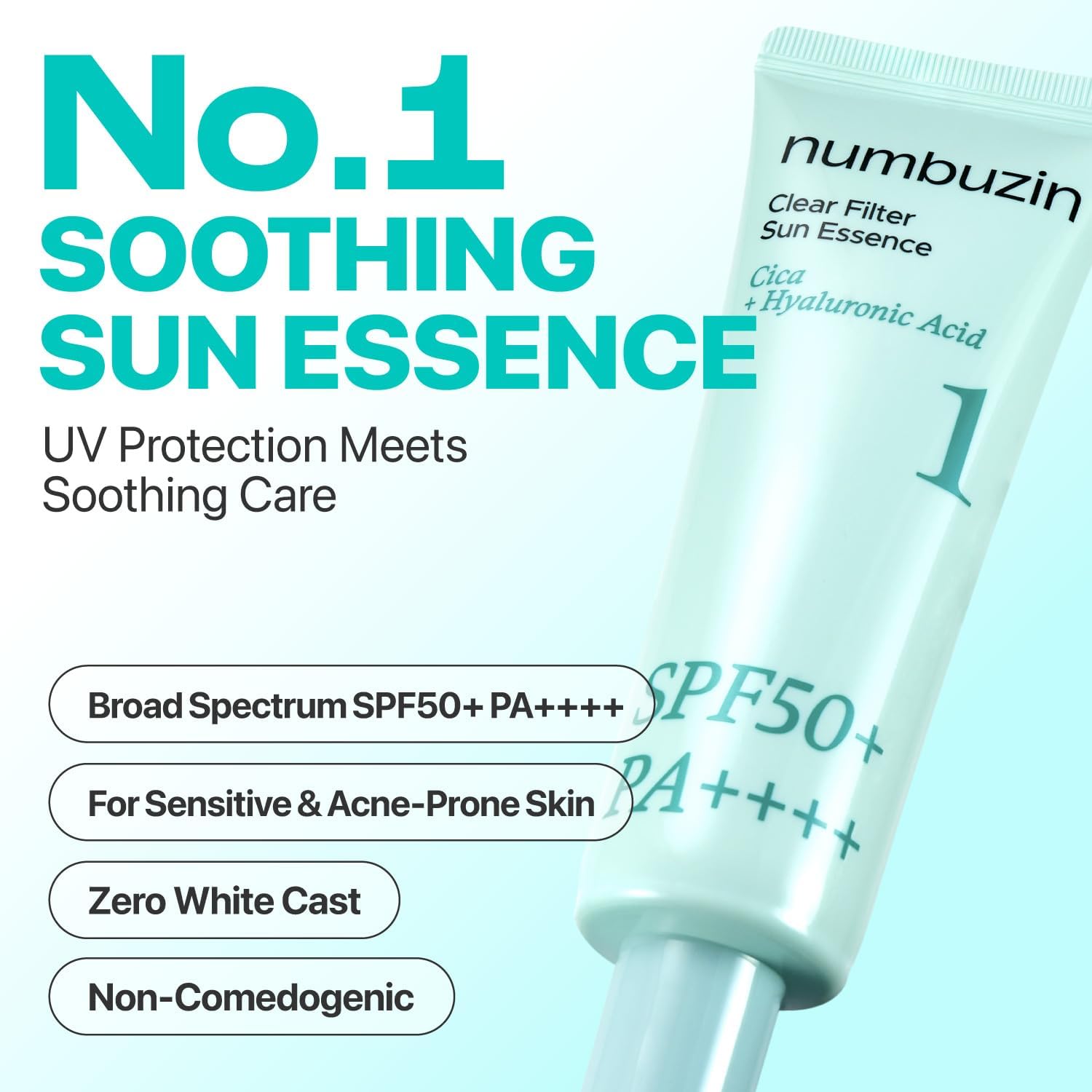 Numbuzin No.1 Clear Filter Sun Essence SPF50+ PA++++ — SPF50+ PA++++ shields skin from UVA and UVB rays