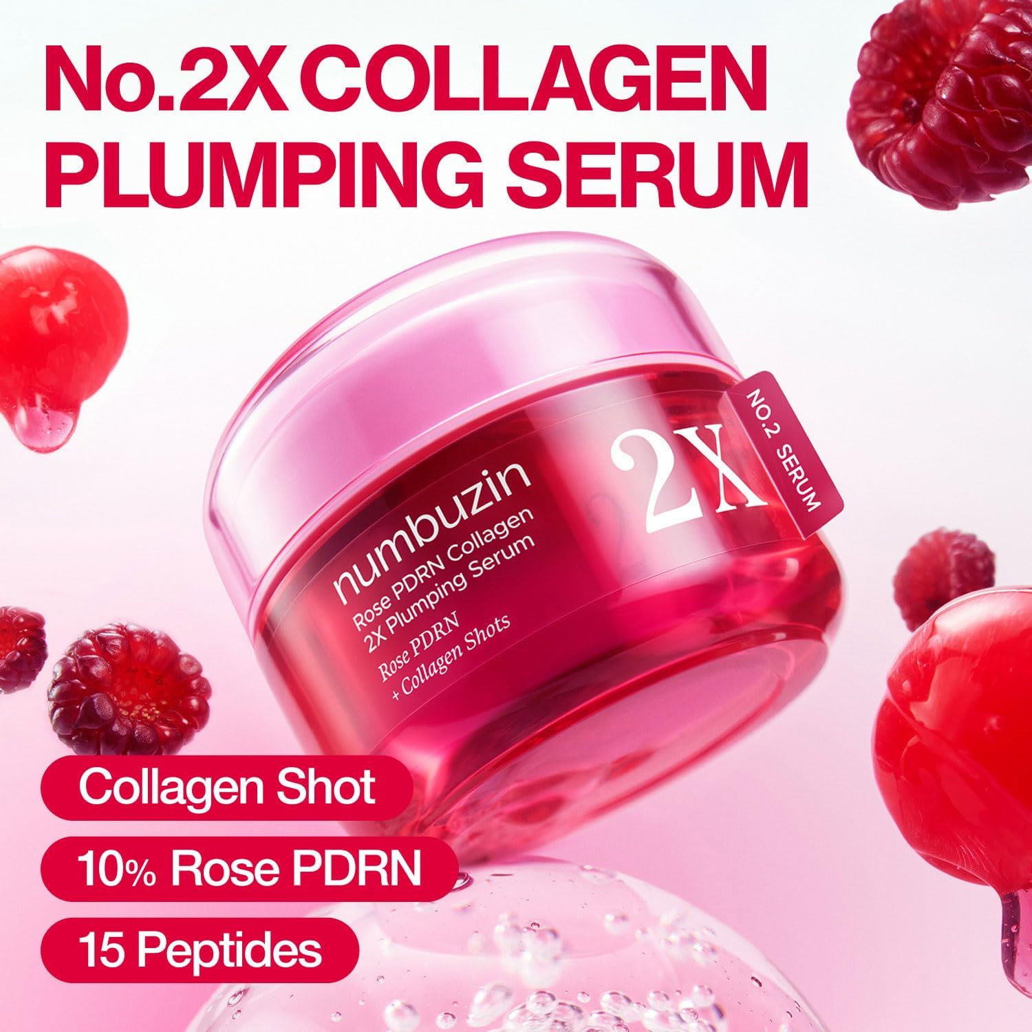 Numbuzin No.2 Rose PDRN Collagen 2X Plumping Serum — how to use: apply a few drops after toner, AM and PM