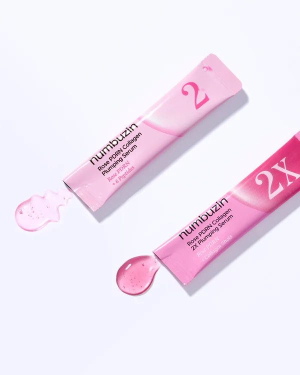 Numbuzin No.2 Rose PDRN Collagen Plumping Serum Duo — how to use: apply a few drops after toner, AM and PM
