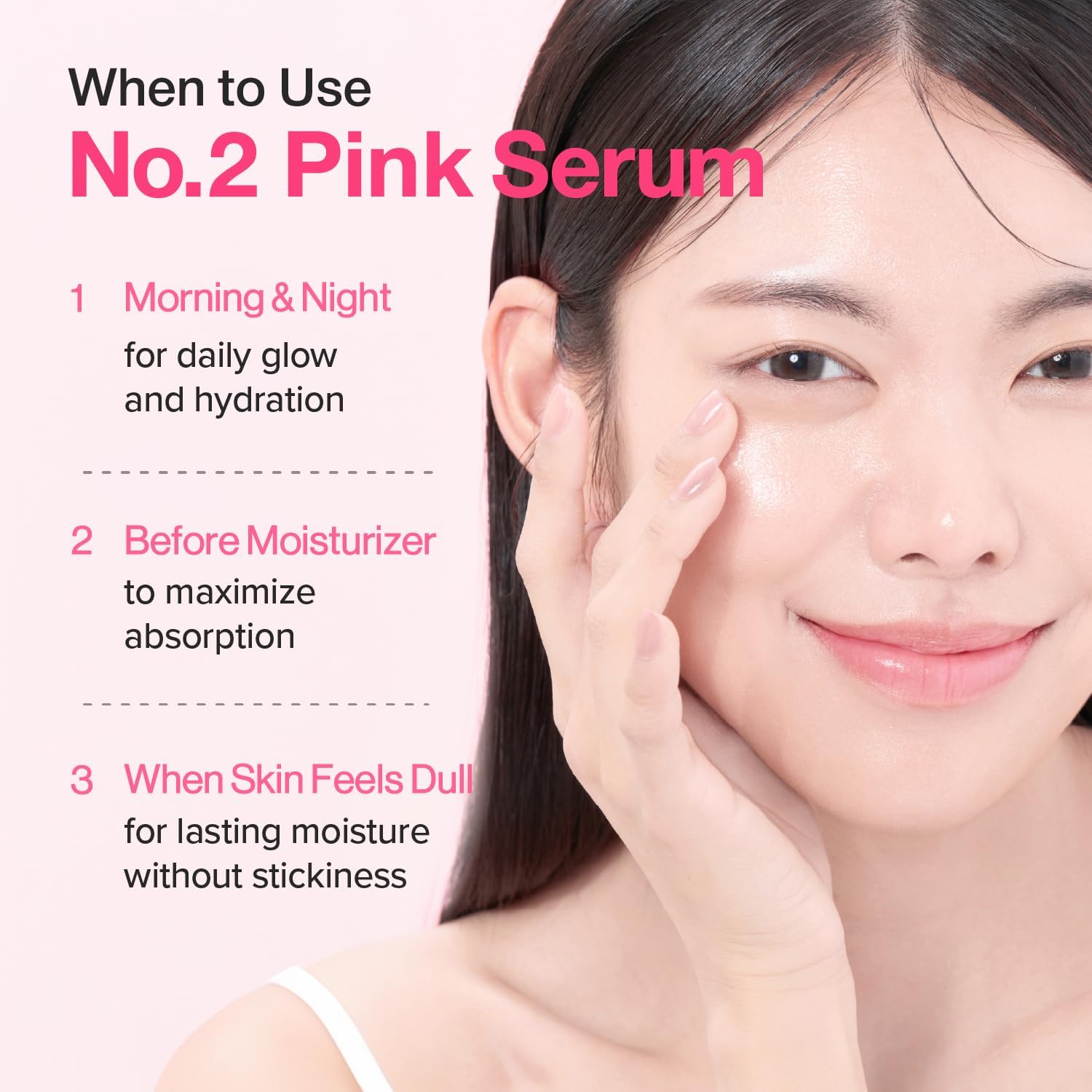 Numbuzin No.2 Rose PDRN Collagen Plumping Serum — how to use: apply a few drops after toner, AM and PM