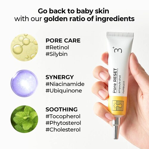 Numbuzin No.3 Pore Reset Ampoule Shot — smooths skin for a clearer, refined surface