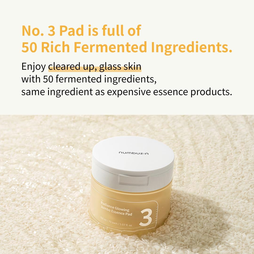 Numbuzin No.3 Radiance Glowing Jumbo Essence Pad — soaked in essence for instant hydration and glow