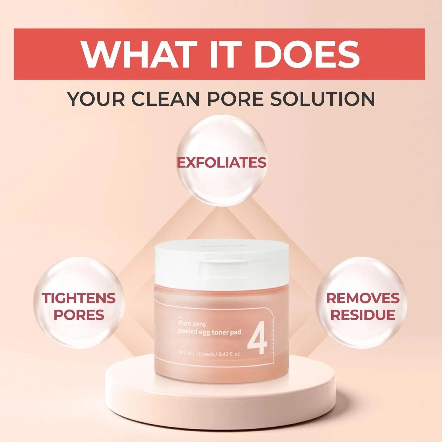 Numbuzin No.4 Pore Zero Peeled Egg Toner Pad — how to use: swipe over face for peeled-egg smooth skin