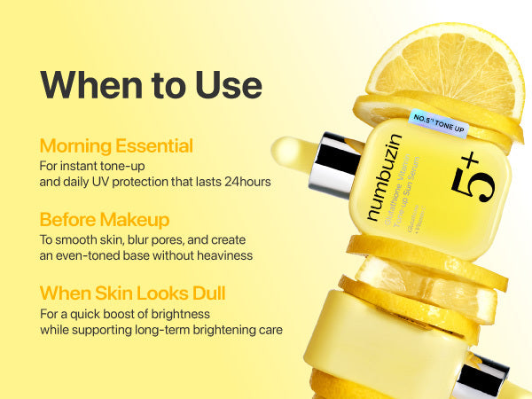 Numbuzin No.5 Glutathione Vitamin Tone Up Sun Serum — how to use: apply as the last step before makeup, reapply through the day
