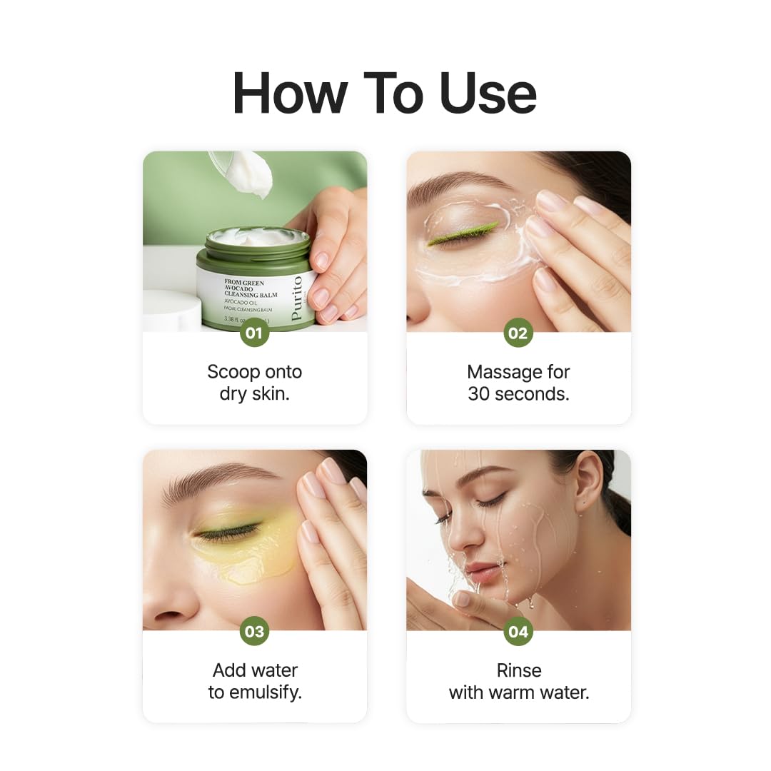 Purito Seoul From Green Avocado Cleansing Balm — how to use: massage onto dry skin, then rinse with water