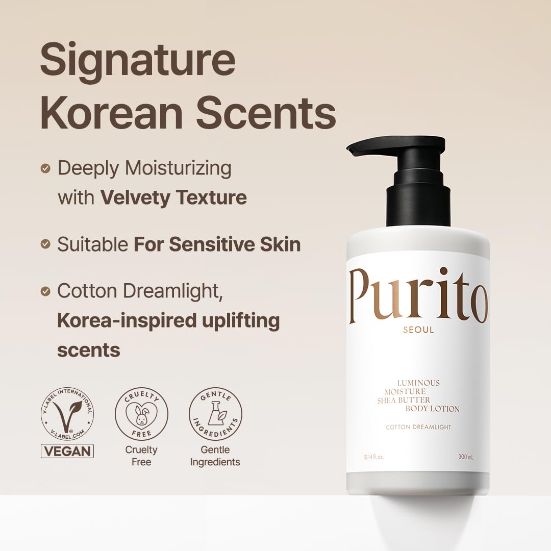 Purito Seoul Luminous Moisture Shea Butter Body Lotion Cotton Dreamlight — shea butter deeply moisturizes the body