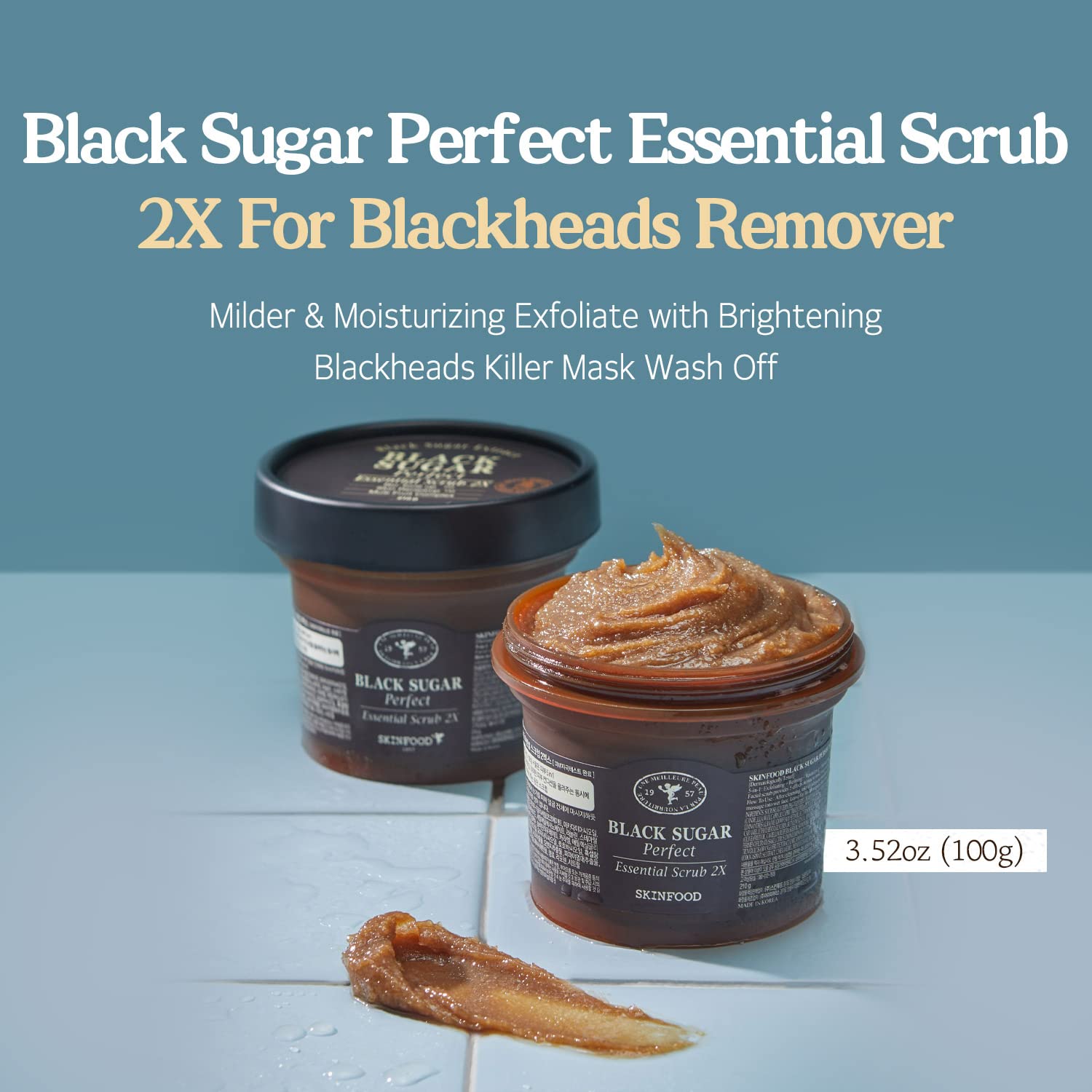 SKINFOOD Black Sugar Perfect Essential Scrub 2X — how to use: massage onto damp skin, then rinse thoroughly
