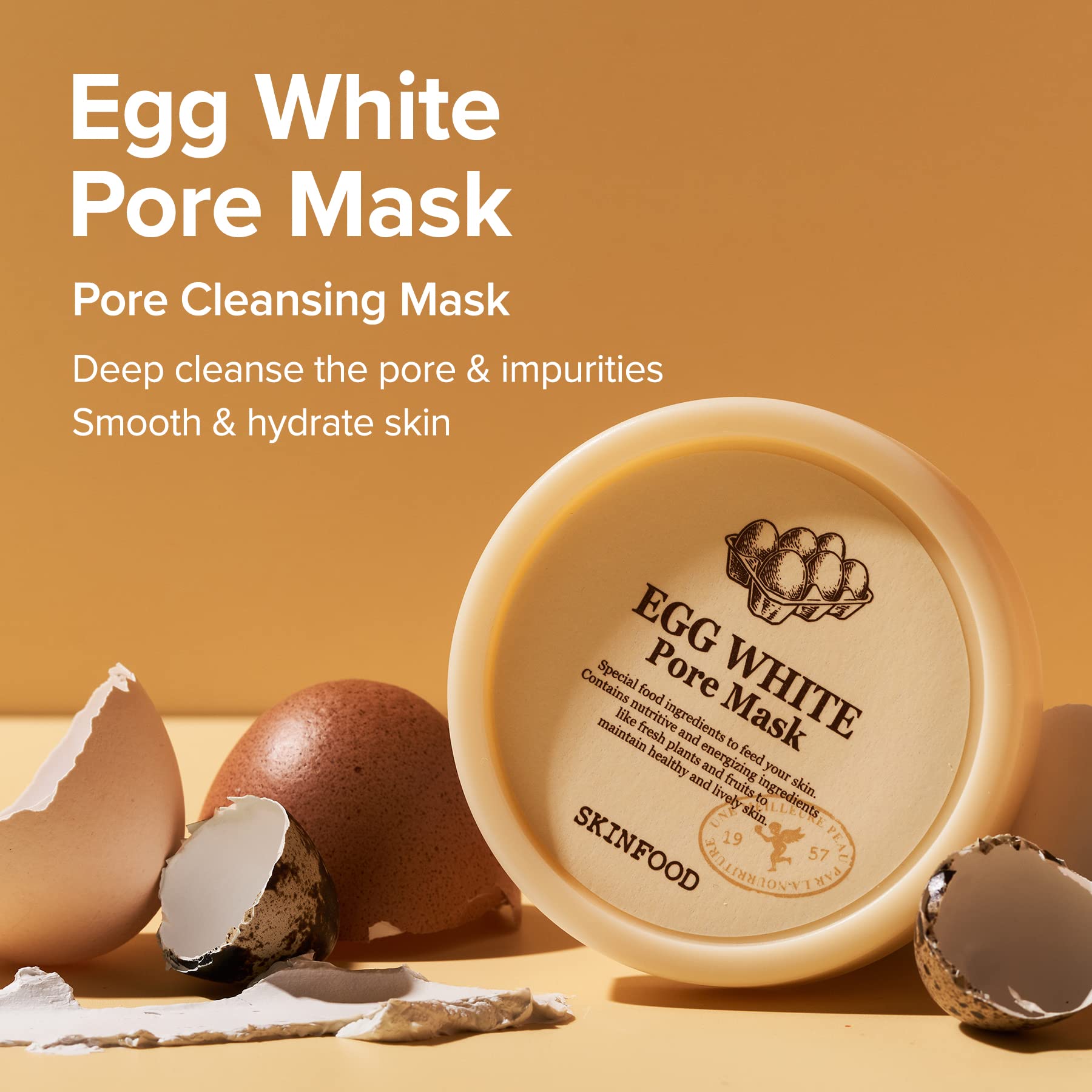 SKINFOOD Egg White Pore Mask — how to use: apply to clean skin, leave on, then rinse off