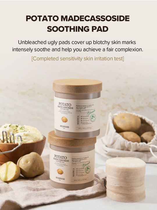 SKINFOOD Potato Madecassoside Soothing Pad — how to use: wipe across cleansed skin to soothe and refresh