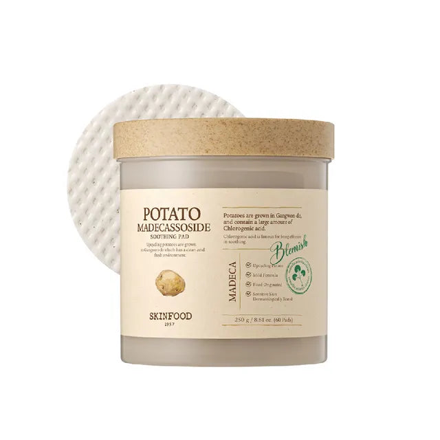 SKINFOOD Potato Madecassoside Soothing Pad — how to use: wipe across cleansed skin to soothe and refresh