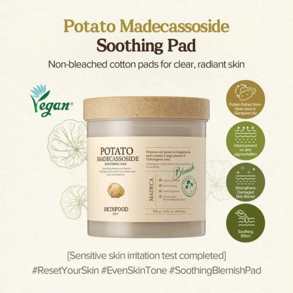 SKINFOOD Potato Madecassoside Soothing Pad — madecassoside calms redness and irritation