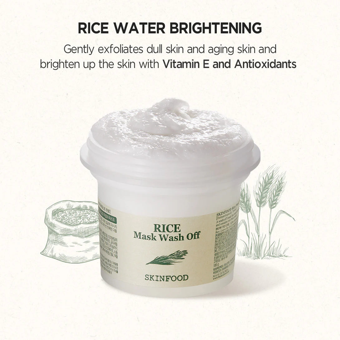 SKINFOOD Rice Mask Wash Off — how to use: apply to clean skin, leave on, then rinse off