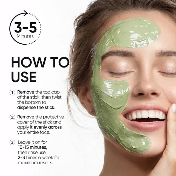 How to use — swipe the clay stick over clean skin, leave on for 3 to 5 minutes, then rinse off with lukewarm water.