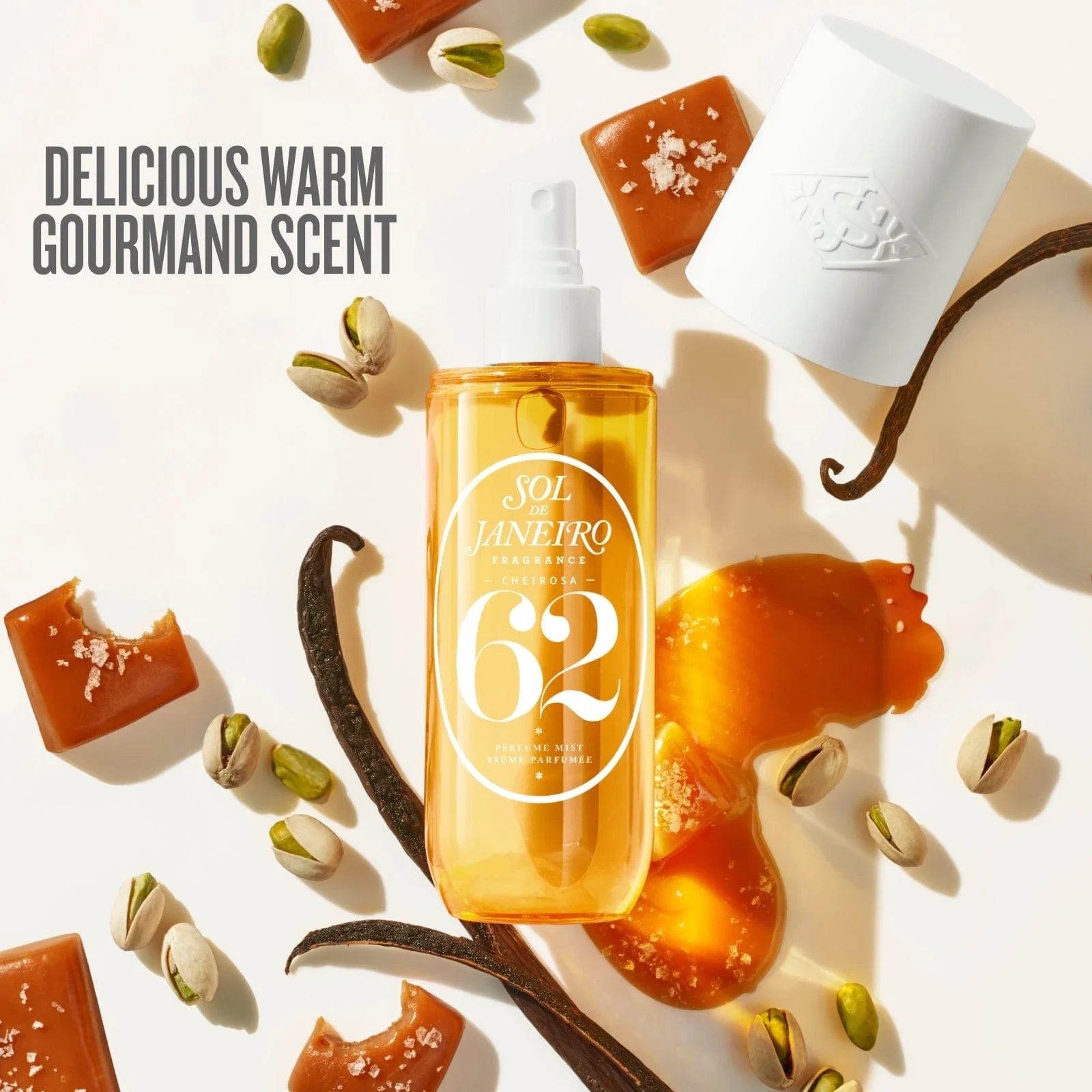Cheirosa 62 scent notes: pistachio, salted caramel and vanilla in Sol de Janeiro Perfume Mist
