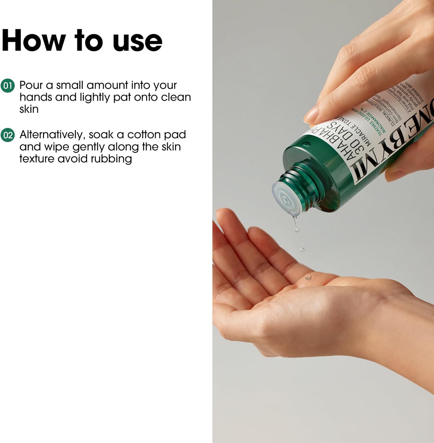 SOME BY MI AHA.BHA.PHA 30 Days Miracle Toner — how to use: sweep over skin with a cotton pad