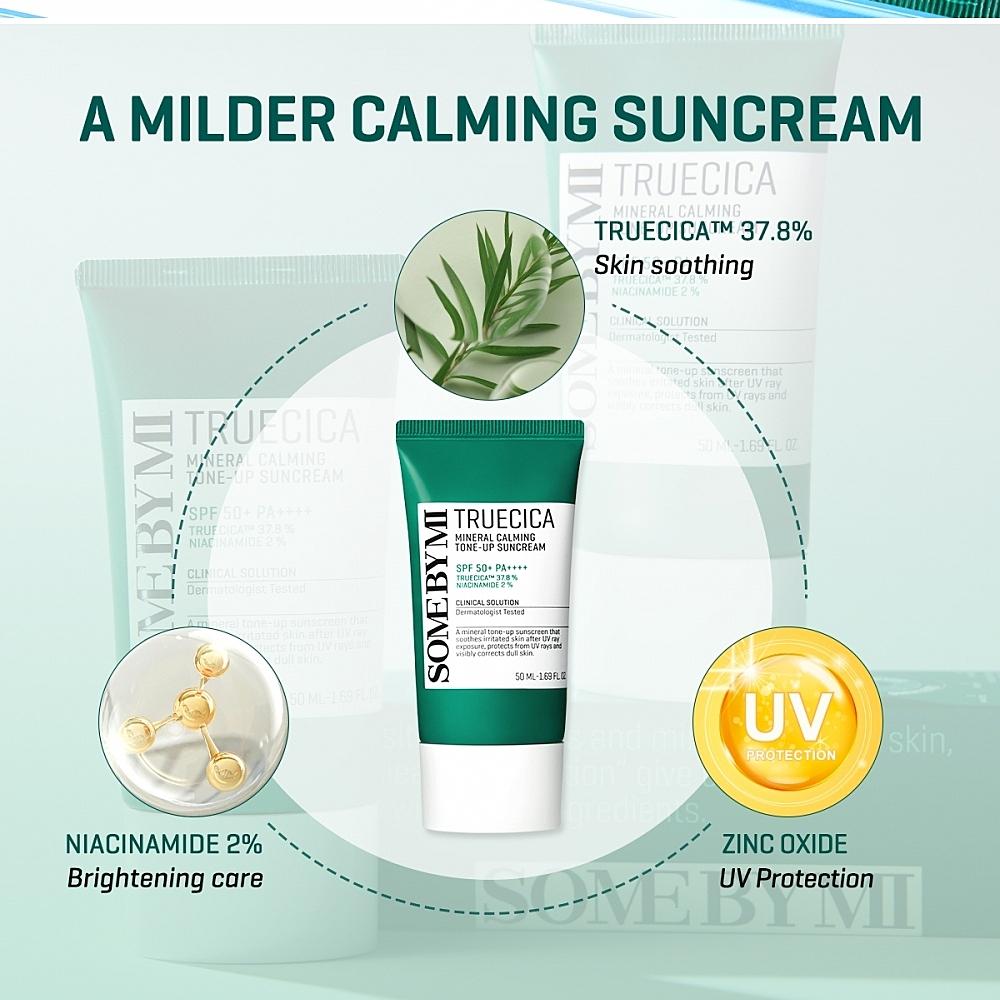 SOME BY MI Truecica Mineral Calming Tone Up Suncream — gives a natural tone-up finish